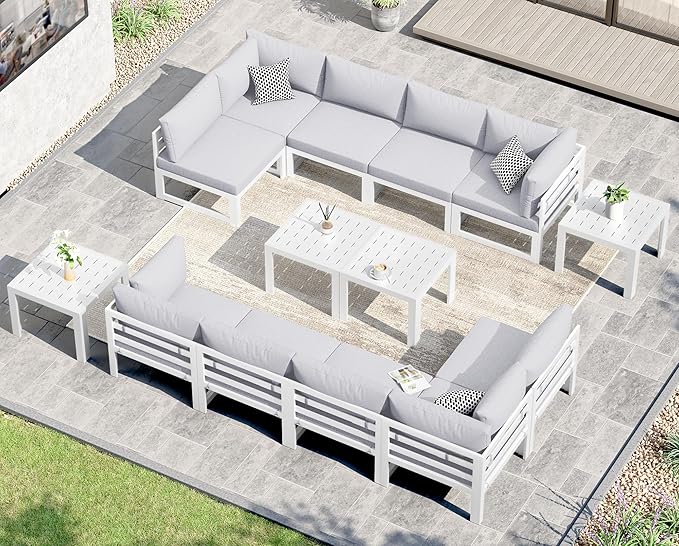 NICESOUL 14 Pcs Extra Large Modern Aluminum Outdoor Sofa with Coffee Table, 29" Deep Wide Seat, 500 lbs Durable Sectional Set for Heavy People,High End Patio Furniture Set for Backyard, Light Gray