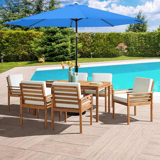 Alaterre Furniture Okemo 8 Piece Outdoor Dining Set with Umbrella - Solid Acacia Wood Outdoor Furniture Set with 63” Patio Table, 6 Patio Chairs, and 10ft Blue Umbrella