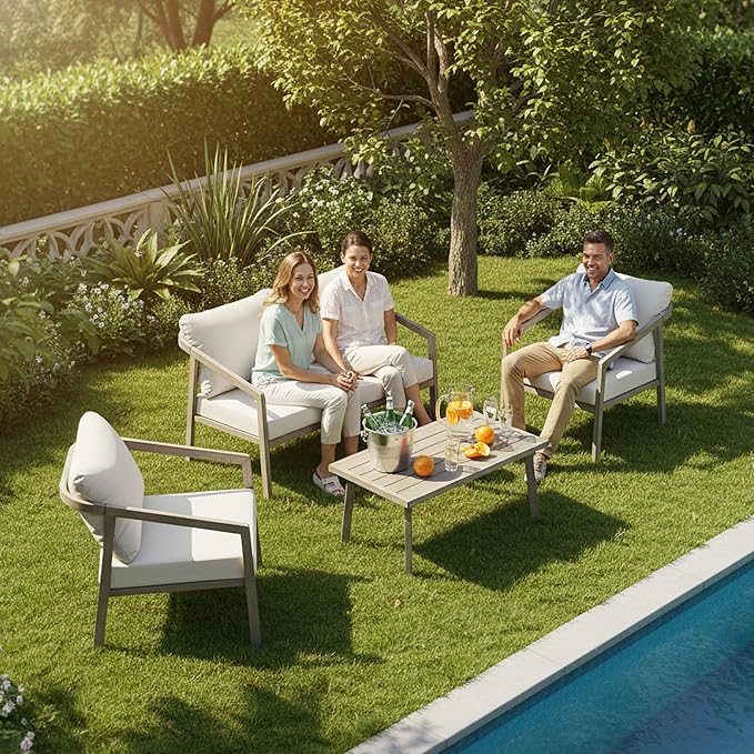 Outdoor Patio Coffee Table, Rectangle Aluminum All-Weather Side Table with Wood-Grain Texture, 200lbs Capacity, Modern Patio Furniture Sets for Garden, Backyard, Porch (Taupe)