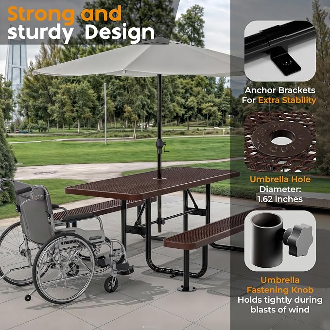 Commercial Heavy-Duty Metal Picnic Table - ADA Compliant, Adjustable Seats, Umbrella Hole, Expanded Metal (Brown, 6' Rectangular)