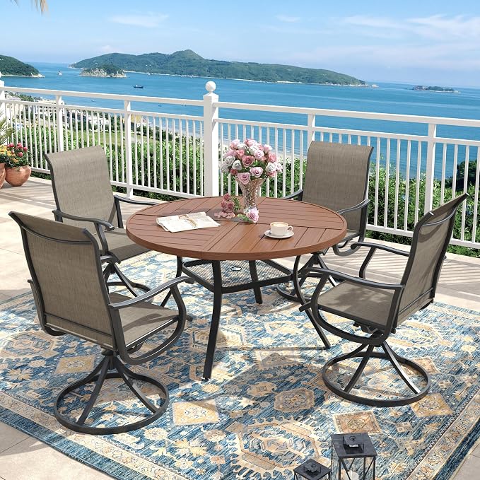 Outdoor Dining Set for 4, 40.7" Metal Round Outdoor Dining Table with Umbrella Hole and Sling Patio Swivel Chairs, 5 Pieces Patio Table and Chairs Set for Garden, Mixed Brown and Walnut