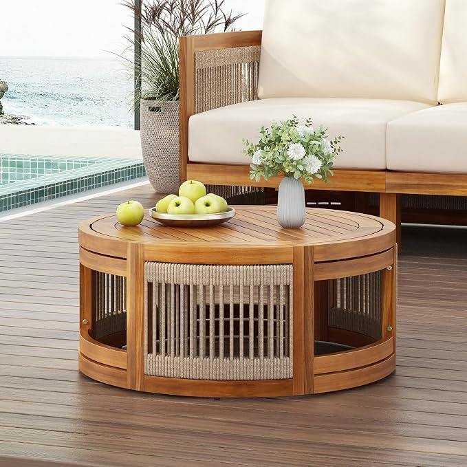 Christopher Knight Home Puekest Acacia Wood Coffee Table with Woven Rope Accents, Outdoor Patio Slatted Round Centerpiece, Boho Chic Garden Sofa Side Accent Table for Modern Decor, 27.95" W, Teak