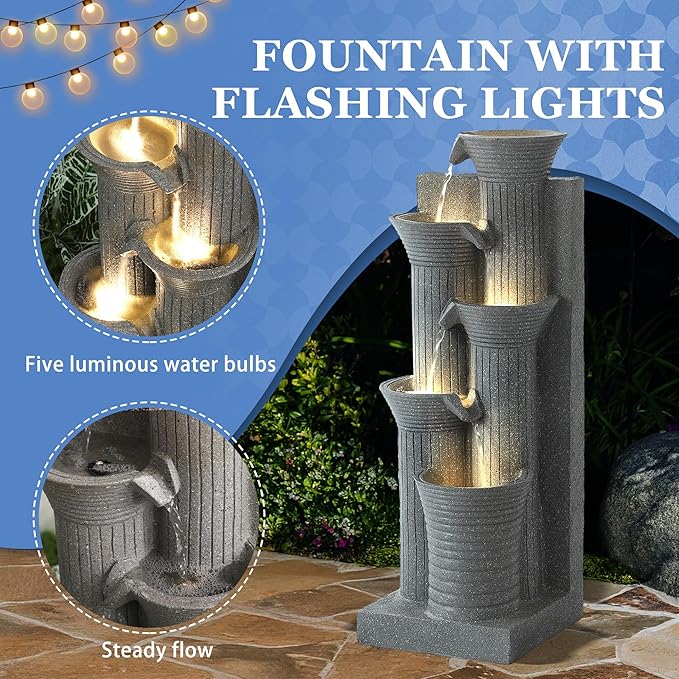 5-Tiers Outdoor Garden Water Fountain with Cascading Rock, Fountains and Waterfalls w/LED,Indoor/Outdoor Floor Standing Water Feature w/Bamboo Joint Decor for Patio, Backyard (Light Grey)
