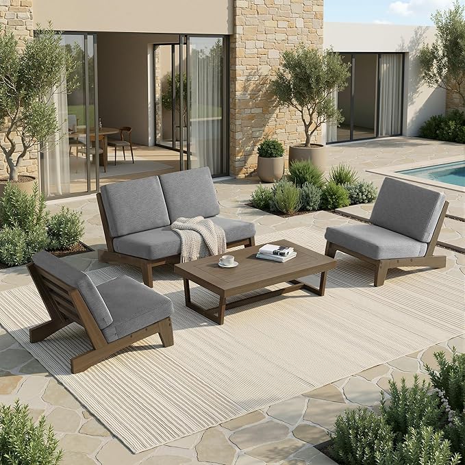 UIXE All Weather Patio Furniture Sets, 4 Pieces Teak Wood Outdoor Sectional Futniture Patio Sofa Chair Backyard Conversation Set with Solid Wooden Coffee Table - Light Gray
