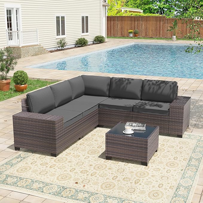 6 Pieces Patio Furniture Sets with Glass Tea Table,PE Rattan Wicker Patio Conversation Set with Washable Cushions,Outdoor Patio Sectional Furniture Set for Backyard, Poolside, Garden,Grey