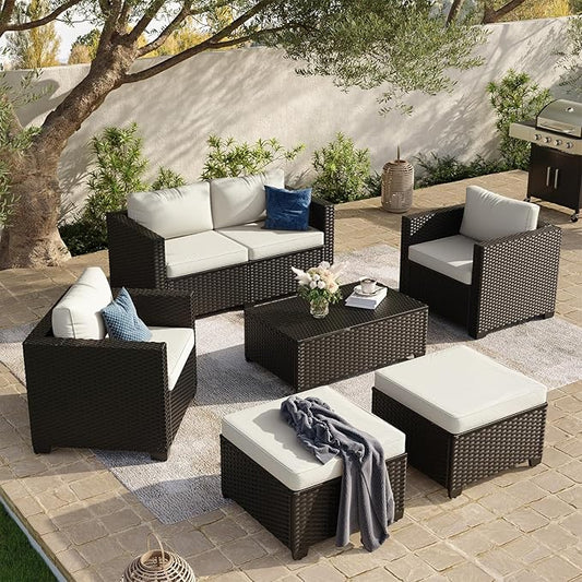 Aoxun 7 Piece Outdoor Patio Furniture Set 6 Seats, Outdoor Sectional with Thick Waterproof Cushions, Patio Conversation Sets for Garden,Backyard, Porch, Deck, Black & Beige