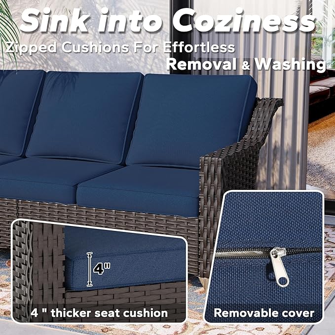 5 Pieces Patio Conversation Furniture Set - 1 Sofa, 2 Armchairs, 2 Swivel Chairs, Outdoor Wicker Furniture with Removable Cushions for Porch, Balcony, Sunroom (Blue)