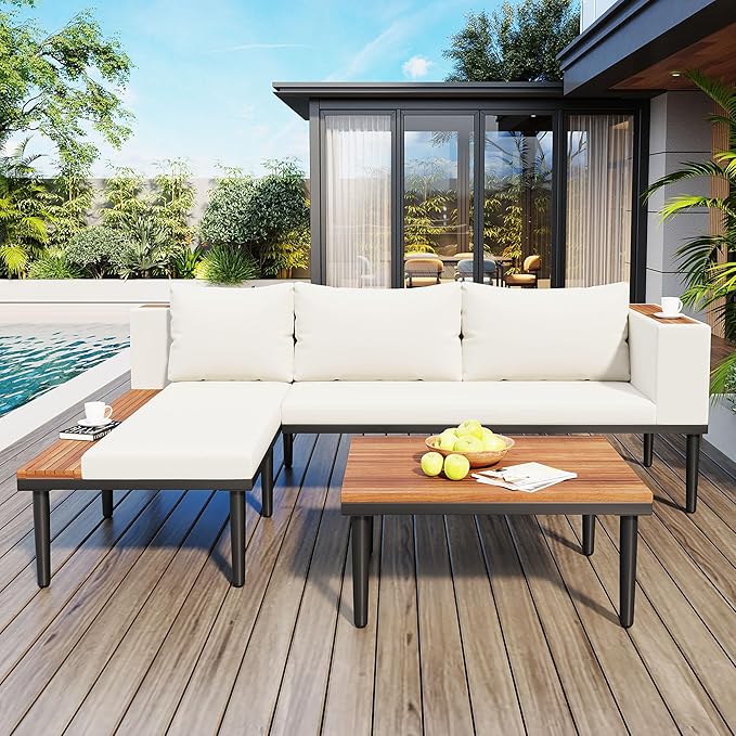Luxury Outdoor Patio Furniture Set, L-Shaped Acacia Wood Sectional Sofa with Side Table, All-Weather Conversation Set with Removable Cushions and Coffee Table for Backyard Porch (Beige-4.20)