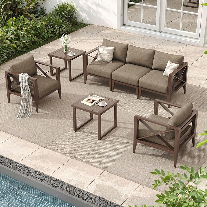 MBY 7-Piece Oversized Aluminum Patio Furniture Set–Brown Outdoor Conversation Sofa Set with Coffee Table, Deep Seating, Rust-Proof, All-Weather for Backyard, Deck, Balcony