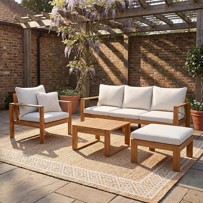 Virubi 4-Piece Acacia Sectional Patio Sofa Set, Water-Repellent Cushions, Transitional Style Outdoor Conversation Set with 3-Seater Sofa, Chair, Coffee Table & Ottoman