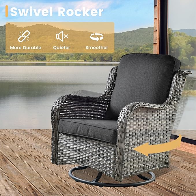 HOOOWOOO Outdoor Patio Furniture with Fire Pit Set 13 Pieces Patio Set with Fire Pit Wicker Outdoor Furniture with Fire Pit Table Set Patio Sectional Set with Swivel Chairs,Black