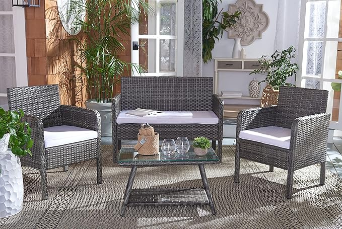 SAFAVIEH Outdoor Collection Aboka Grey Brown/White Cushion 4-Piece Conversation Patio Set PAT7505C