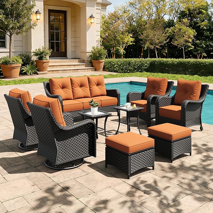9 Pieces Outdoor Furniture Set with 6-inch Cushions, High Back Wicker Swivel Rocker Chairs with Coffee Table, Luxury Conversation Set for Deck Patio and Poolside