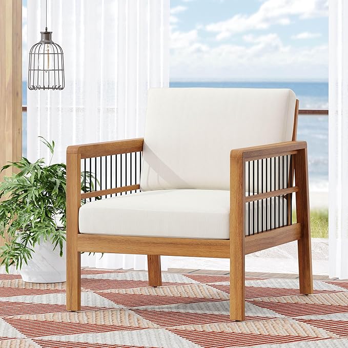 Merax Outdoor Patio Club Chair,Acacia Wood Frame Conversation Set with Wicker for Porch Backyard,Classic Style