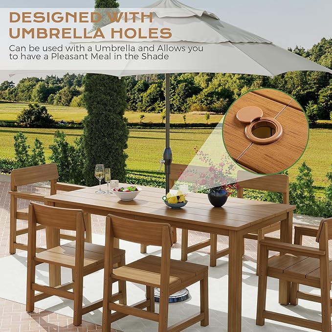 Jocoevol 7 Piece Outdoor Patio Dining Set HIPS Outdoor Table and Chairs for 6 All-Weather Patio Furniture Set with Umbrella Hole for Backyard Poolside Garden, Wooden Color