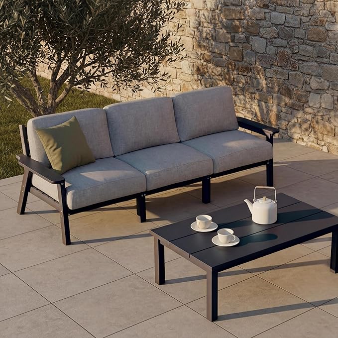 Patio Furniture Set 3 Seats, HDPE Outdoor Sectional with Washable Gray Thick Cushions, Coffee Table & Side Table, Patio Conversation Sets for Lawn, Garden, Porch, Balcony (Black Frame)