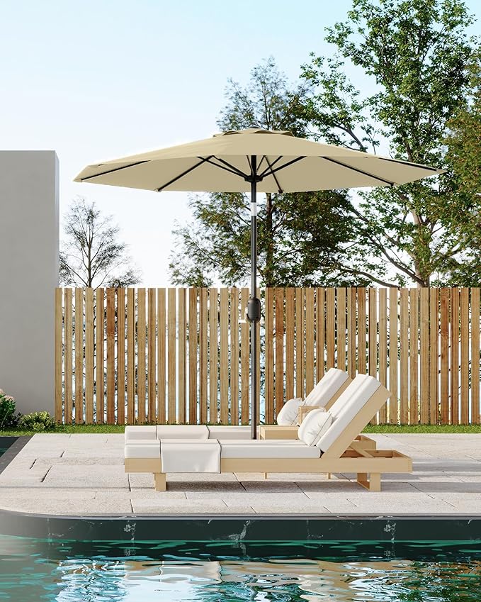 GarveeLife 9 ft Patio Umbrella, Outdoor Table Market Umbrella with Push Button Tilt and Crank, 8 Sturdy Ribs UV Protection Waterproof for Garden, Deck, Backyard, Pool (Beige)