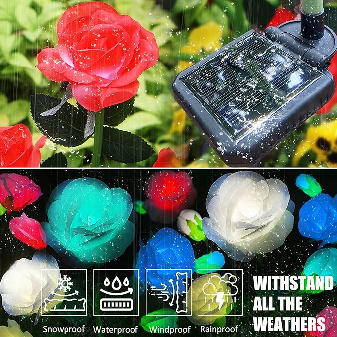 10 LED 7-Color Changing Solar Rose Flower Lights Garden Decorations Outdoor Waterproof Decorative Stake Lights for Patio Pathway Yard Lawn Decor(2 PCS Red)