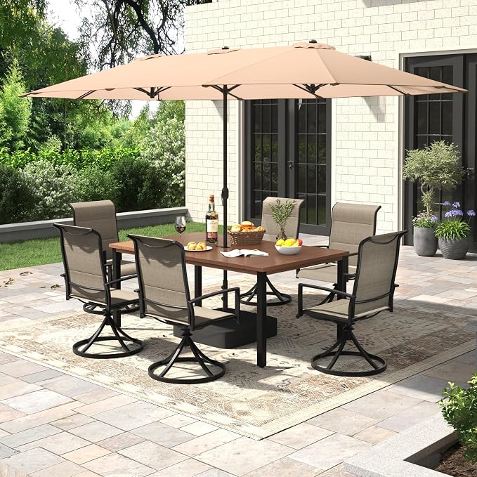 Outdoor Dining Set for 6, 8 Pieces Patio Table and Chairs Set with Umbrella, 63" Outdoor Dining Table and Padded Textilene Patio Swivel Chairs for Garden Backyard, Mixed Brown and Walnut