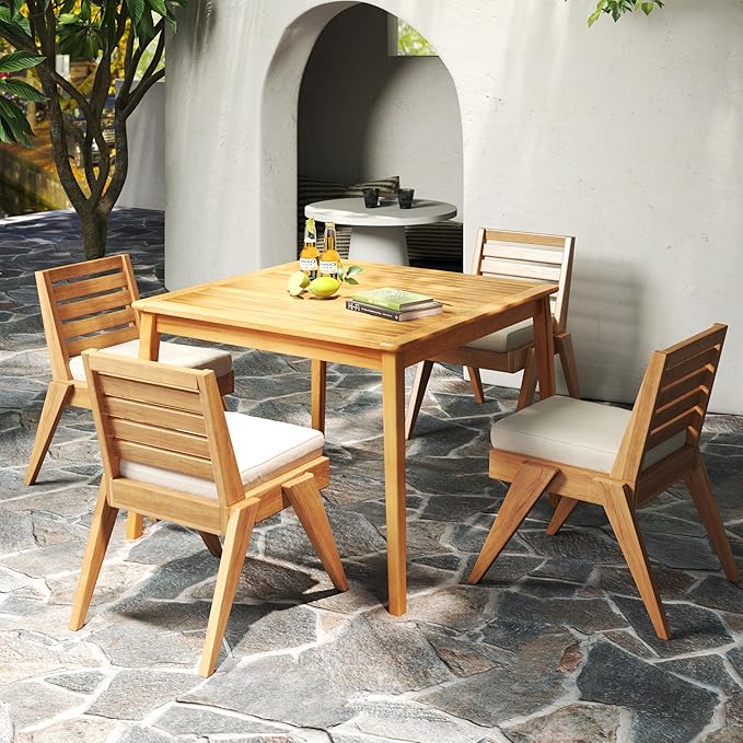 RELAX4LIFE Wooden Outdoor Dining Table for 4, 40" Square Acacia Wood Slatted Patio Table w/Umbrella Hole, Indoor Outdoor Bistro Table for Backyard Porch Garden, 4-Person Patio Dining Table