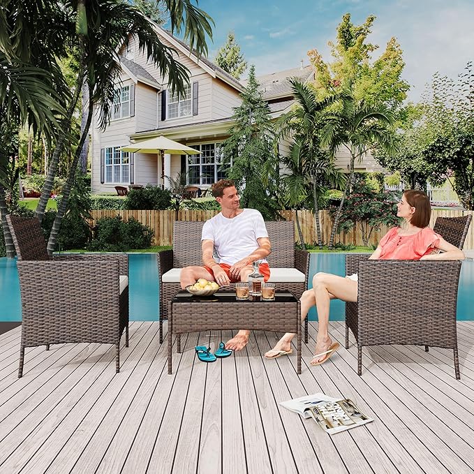 4 Pieces Patio Furniture Sets, Outdoor Wicker Conversation Sets with Soft Cushion and Glass Coffee Table, Modern Rattan Patio Chairs Conversation Sets for Garden, Balconies, Poolside (Brown/Beige)
