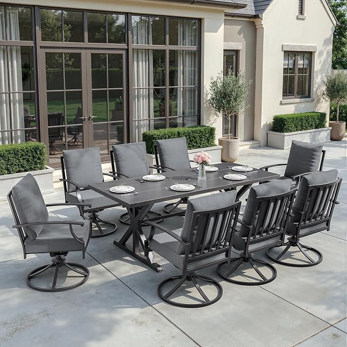 ALAULM 9-Piece Patio Dining Set, Outdoor Metal Dining Set with 8 Swivel Chairs & Rectangle Table with 1.5 Umbrella Hole, Patio Dining Table and Chairs for Backyard, Grey