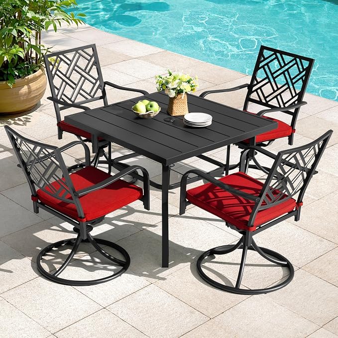 NUU GARDEN 5 Piece Outdoor Patio Dining Set, 37 Inch Square Table with 1.6" Umbrella Hole and 4 Swivel Chairs with Removable Cushions, for Backyard Deck Garden, Black and Red