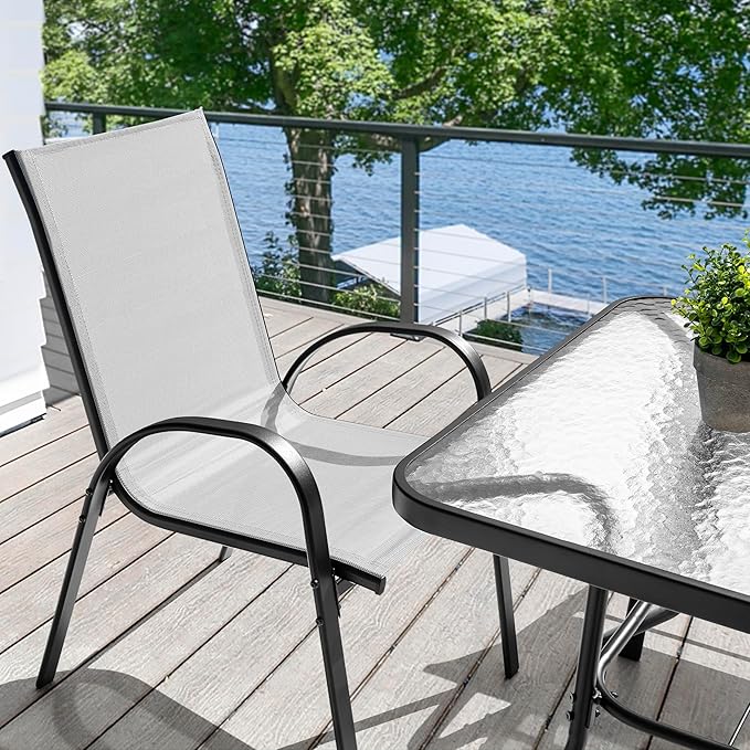 NUU GARDEN 5 Piece Patio Dining Set, 31.5 Inch Square Metal Table with Umbrella Hole and 4 Stackable Chairs, Outdoor Dining Furniture for Lawn Balcony Garden, Gray and Black