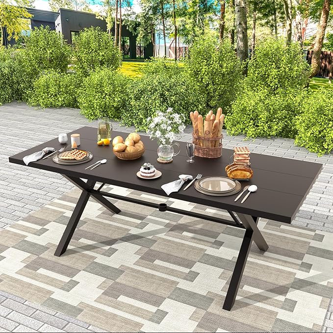 Gotland 7 Piece Outdoor Dining Set, Metal Outdoor Table and Swivel Chairs with X-Shaped Legs 1.5" Umbrella Hole, Patio Furniture Set with Waterproof Cushions, Patio Dining Sets for Backyard Deck Gray
