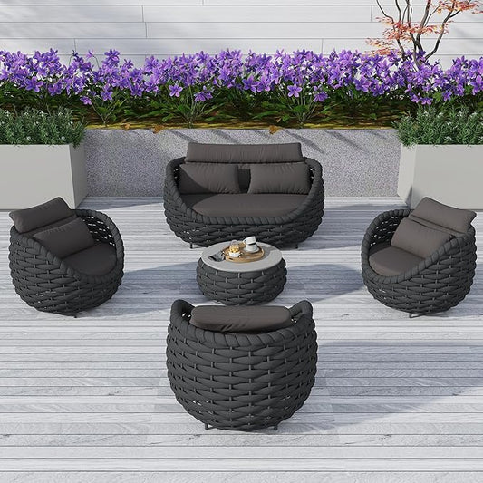 TWT 5 Pieces Patio Furniture Set, Outdoor Rope Conversation Sectional Patio Sofa with 5 Seater for Backyard, Porch, Modern Armchairs with Thickness Cushions and Side Table, Dark Grey