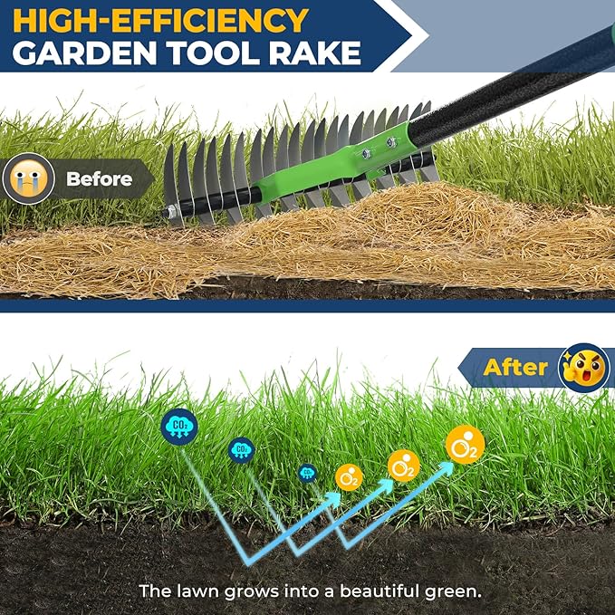 65" Thatch Rake & Garden Rake– 13" Narrow Dual-Sided Sharp Steel Tines, Adjustable Handle, Lightweight & Reversible Head for Precision Lawn Care, Debris Removal and Soil Leveling