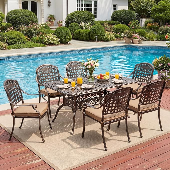 Redlife 7-Piece Cast Aluminum Outdoor Dining Set, 59" Rectangular Patio Table with Umbrella Hole, 6 Stackable Chairs with Cushions, Lattice Backrest, Waterproof Patio Furniture Set