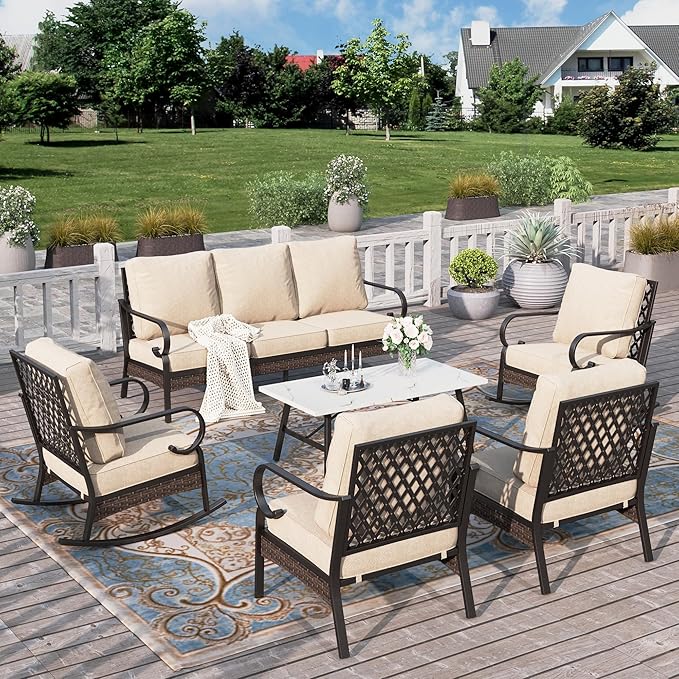 HERA'S HOUSE 6 Piece Metal Patio Furniture Set, All Weather Outdoor Conversation Set with 3-Seat Sofa, 2 Rocking Chairs, 2 Fixed Chairs & Coffee Table, 7 Seats for Backyard, Garden, Deck, Beige