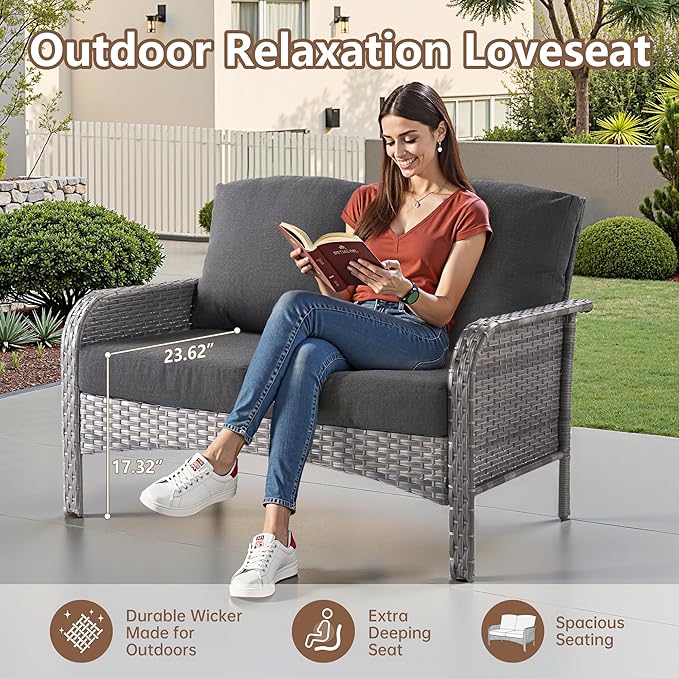 6 PCS Outdoor Patio Furniture Set with Glass Table, All-Weather Rattan Wicker Outdoor Conversation Set with Thickened Cushions for Balcony Backyard Garden Lawn,Black