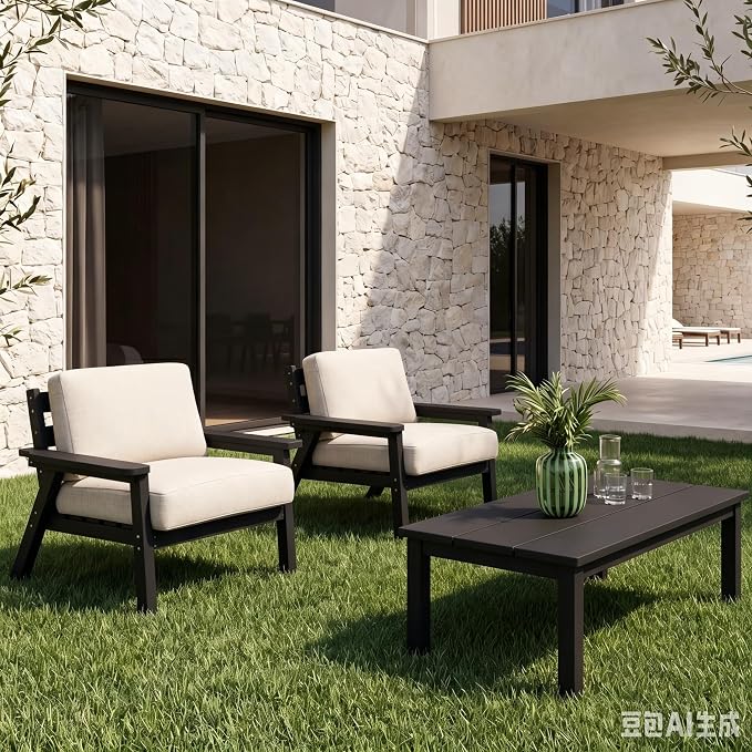 AreShark 3-Piece HDPE Patio Conversation Set, All Weather Outdoor Couch Set with Thick Cushions, Outdoor Sectional Outdoor Sofa Set for Lawn, Deck, Backyard, Black & Beige