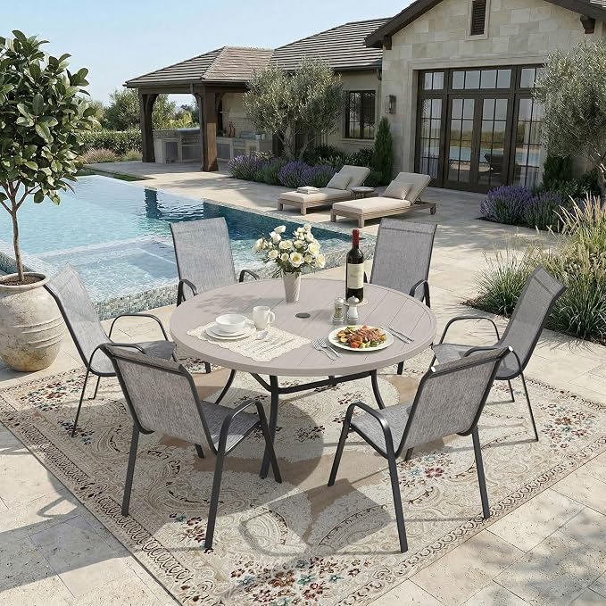 DIFY 7 Piece Outdoor Dining Set, 50" Grey Wood-Like Round Metal Patio Table and Grey Textilene Stackable Chairs for 6, All Weather Patio Furniture Set with Umbrella Hole for Backyard Garden Deck