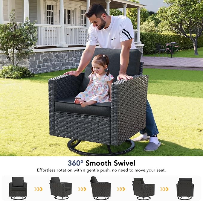 Patio Furniture Set, 6 Pcs Patio Outdoor Sectional, Wicker Outdoor Couch with Swivel Chair, Ottomans, Side Table, 4" Thick Cushion, for Garden Backyard Deck.Black