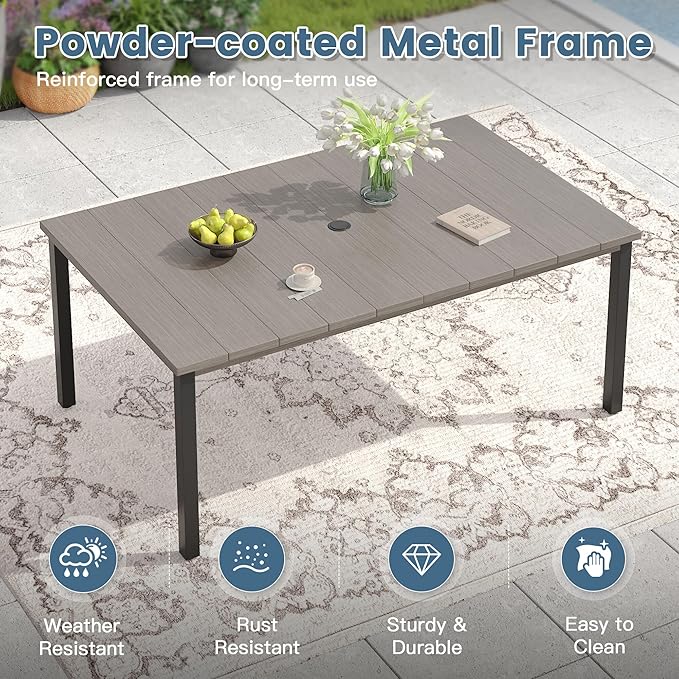 DIFY 7 Piece Outdoor Patio Dining Set for 6, 63" Grey Wood-Like Rectangle Metal Dining Table and Swivel Patio Chairs with Grey Padded Textilene, All-Weather Outdoor Furniture Set for Garden Backyard