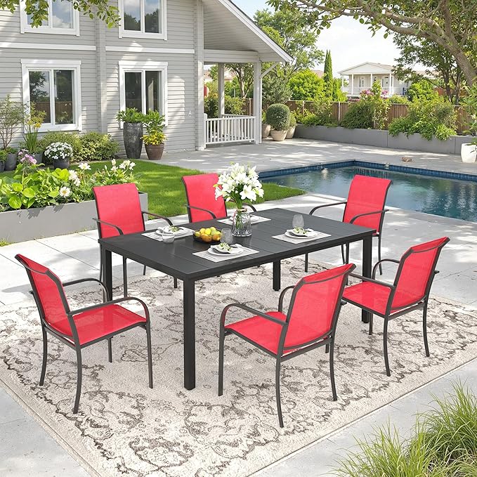 DIFY 7 Pieces Outdoor Patio Dining Set for 6, 63" Black Rectangle Metal Dining Table and 6 Red Stackable Sling Dining Chairs, Outdoor Table and Chairs for Lawn Garden Backyard Deck