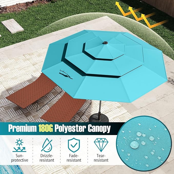 Tangkula 10 FT Solar LED Patio Umbrella, 3-Tier Vented Outdoor Market Table Umbrella with 32 LED Lights, Tilt Adjustment, Crank Handle, 8 Ribs for Backyard Pool Deck (Turquoise)