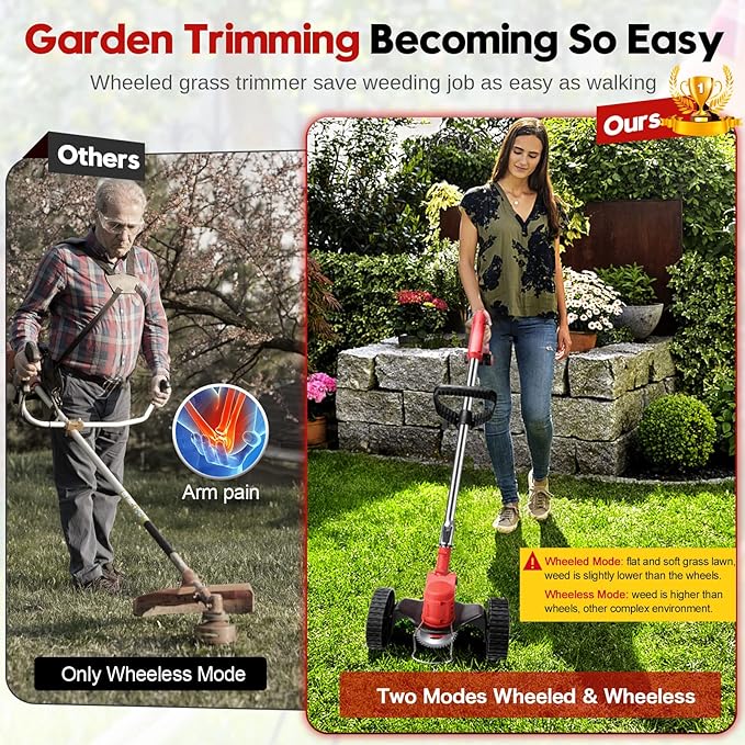 Cordless Weeder Mower Battery Powered 21V 2000mAh, Electric Weeder Brush Cutter, Height Adjustable Edge Trimmer mini Mower 3-in-1 Cutting Tool, 8 Blades, 1 Wheel, 2 Batteries, 1 Charger