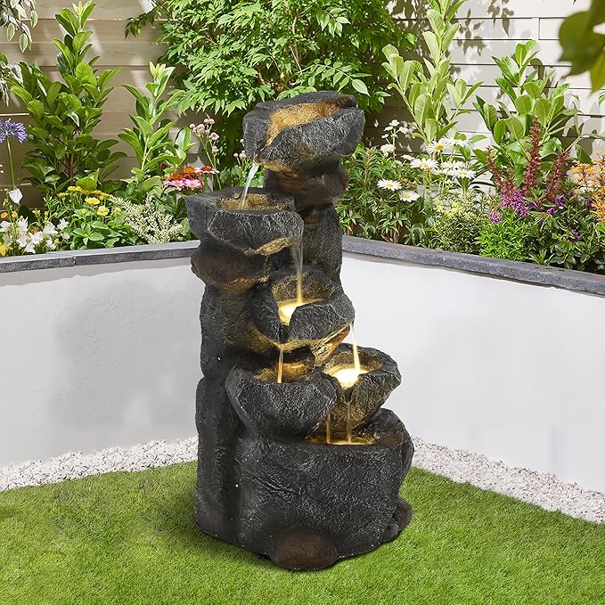Stone Outdoor Water Fountain, 6 Tiered Waterfall Fountains with LED Lights, Outside Garden Waterfalls, Modern Cascading Flow Rock Fountain for Garden, Yard, Patio, Home Decor