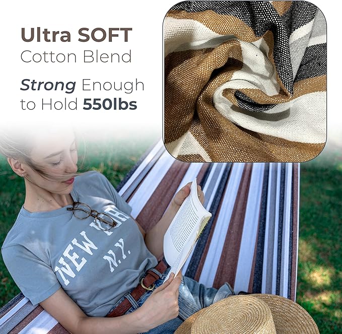 Backyard Expressions Double Camping Hammock with Steel Stand & Carrying Bag, Adjustable Height, Ultra Soft Cotton Blend, 550 lb Capacity, Indoor & Outdoor Portable Hammock