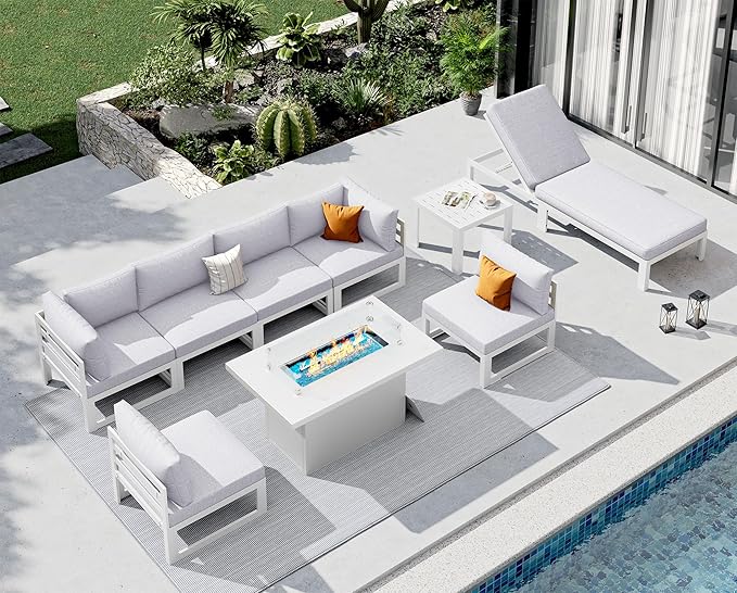 NICESOUL 9 Pcs Oversized Modern Aluminum Patio Furniture Set, 500lbs Heavy Duty Outdoor Sectional Sofa with Lounge & Fire Pit Table, 29" Deep Wide Seating Conversation Couch for Poolside, Light Gray