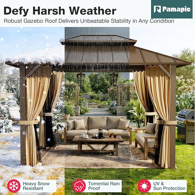PAMAPIC 10x12FT Hardtop Gazebo,Galvanized Steel Double Roof with Aluminum Frame,Outdoor Permanent Pavilion with Breathable Netting & Privacy Curtain for Patio,Backyard,Deck,Lawn,Brown