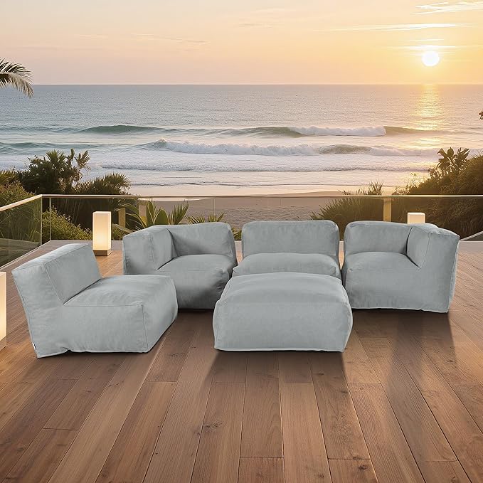 Patio Furniture Set, 5 Pcs Outdoor Conversation Set with Bean Bag Middle Chairs, Corner Chair, Ottomans, Modern Foam Couch Set for Garden, Deck, Balcony (5, Light Gray)