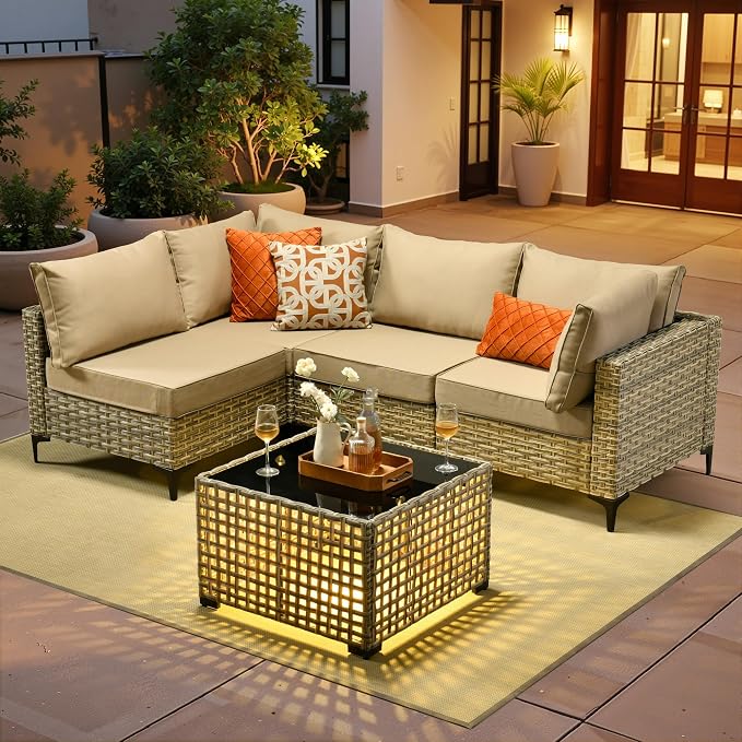 5 Pieces Patio Sectional Furniture Set, Outdoor Wicker Sectional Couch with Solar Lights Table, Modern Conversation Set for Porch Balcony Backyard, Beige