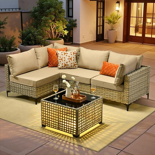 5 Pieces Patio Sectional Furniture Set, Outdoor Wicker Sectional Couch with Solar Lights Table, Modern Conversation Set for Porch Balcony Backyard, Beige