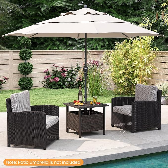 HAPPYGRILL Outdoor Side Table with 1.93" Umbrella Hole, Patio Umbrella Stand with Zinc-Iron Alloy Tabletop, Rustproof Metal Frame, PE Rattan End Table for Deck Garden Yard Poolside (No Sand Bag)