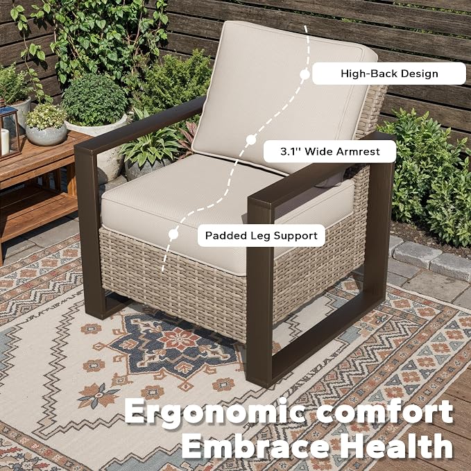 Joyside Outdoor Patio Chairs, 5 Pieces Wicker Rattan Furniture Set, 2 Patio Chairs, 1 Sofa and 2 Ottoman, Metal Wide Armrest, Thick Cushions and Deep Seating for Garden, Backyard, Porch, Deck